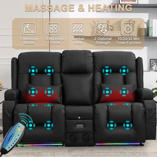 URRED Power Loveseat Recliner Sofa with Massage and Heat, Wall Hugger Reclining Loveseat with Console, RV Couch Home Theater Seating with LED Lights for Living Room (Black, 67" - 2 Seats)