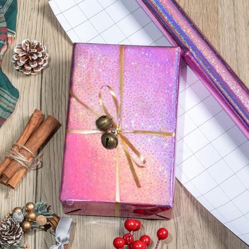 Burymento Pink Wrapping Paper Roll, Metallic Holographic Star Gift Wrap for Birthday, Valentines, Mothers day, Graduation, Wedding, Fathers day, Baby Shower, Christmas (17 IN x 32.8 FT) B0D9NFKFFC