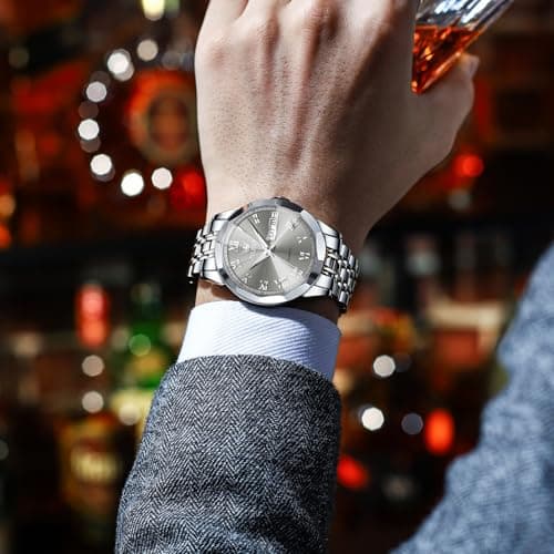 OLEVS Mens Silver Watches Luxury Waterproof Silver Watch for Men Analog Quartz Stainless Steel Men's Dress Watches Classic Casual Wrist Watch Large Face with Date Relojes para Hombres