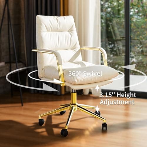 Leather Home Office Desk Chair, Executive Comfy Desk Chair with Support Armrests, Swivel Wheels, Height Adjustable, Mid Back, 360 Swivel, Computer Chair for Office Room, White