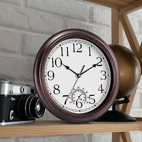 KECYET 8.5 Inch Outdoor Wall Clock with Thermometers, Vintage Silent Wall Clocks Battery Operated, Retro Non-Ticking Clock Decorative for Living Room, Patio, Kitchen, Office, Bathroom, Bedroom(Bronze)