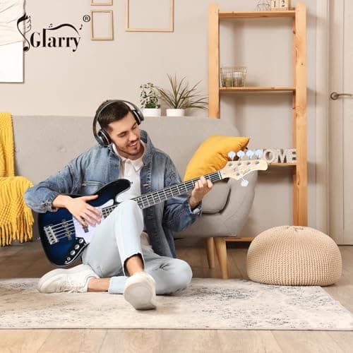 Glarry 5 String Electric Bass Guitar, Full Size Right Handed Rosewood Fretboard Bass Kit with Strap, Cable and Pick (GJazz - Dark Blue)