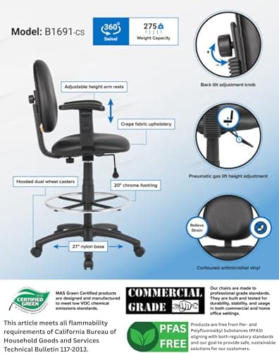 Boss Office Products B1691-CS Stand Up Caressoft Drafting Stool with Adjustable Arms in Black, Vinyl