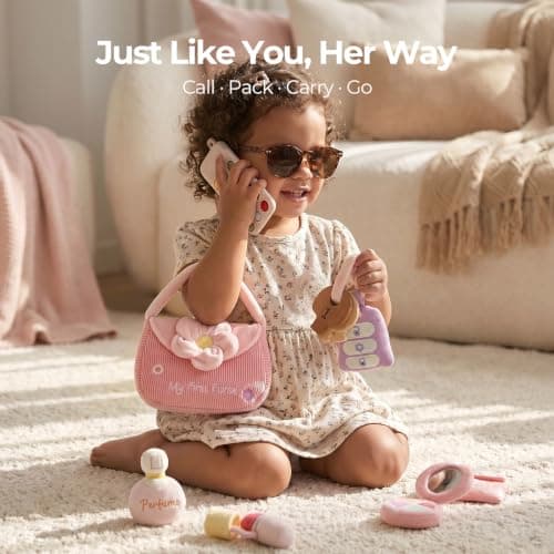 Teether Phone, Wooden Keys & Car Key, Soft Baby Purse with Mirror & Crinkle Card, Sensory Pretend Play, 1 Year Old Girl Gifts let's make My First Baby Purse, 10 Pcs Sensory Toy for Baby & Toddler Girls B0H151K19V