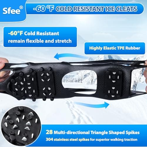 Sfee Crampons Ice Cleats for Shoes and Boots, 28 Steel Shoe Spikes Ultra-Grip Ice Cleats for Men Women Non-Slip Snow Traction Ice Grippers for Shoes and Boots for Walking, Hiking, Climbing, Fishing