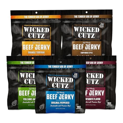 Wicked Cutz Beef Jerky Variety Pack, 5 Flavors & Up to 36g Protein Per Bag, Tender & Easy to Chew Alternative to Beef Sticks, USA Made High Protein Carnivore Snacks (5 Bags, 1 of Each Flavor)