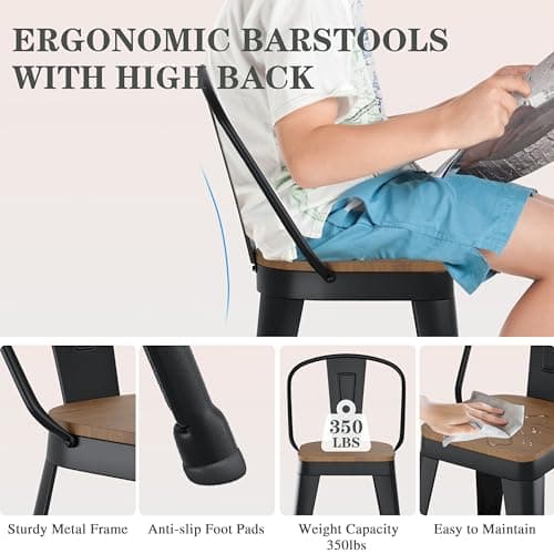 ALISH 26 Inch Industrial Bar Stools Set of 4, High Back Metal Barstools with Large Wood Seat, Counter Height Bar Chairs for Kitchen Island (26 Inch Set of 4, Black)