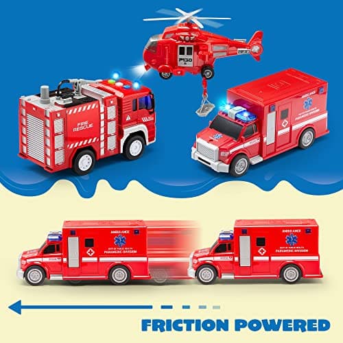 JOYIN Toddler Fire Truck Toys for 3 4 5 6 7 Year Old Boys - Fire Engine, Emergency Vehicle, Kids Firetruck, Friction Powered Car with Lights and Sounds, Christmas Birthday Gifts for Boys Girls Age 3-9