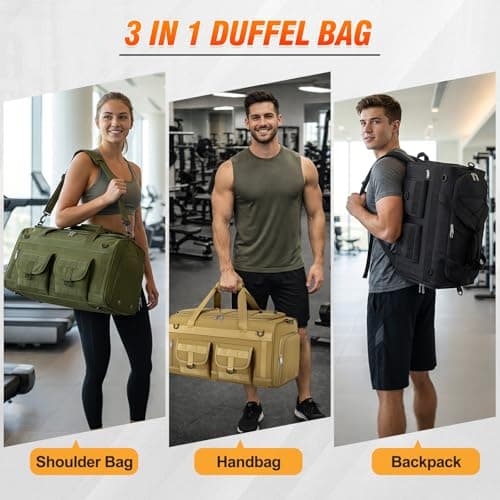 RAINSMORE Gym Bag for Men, 45L Large 3 in 1 Sports Duffle Bag with Shoes Compartment & Wet Pocket Water-Resistant Sports Travel Weekender Bag Multipurpose Carry On Overnight Tactical Backpack, Black