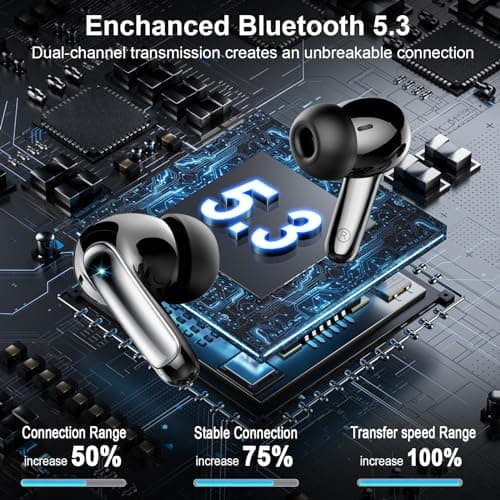 Wireless Earbuds, Bluetooth 5.3 Headphones Bass Stereo, 48Hours Playtime, 4 ENC Mic Clear Calls, Noise Cancelling Ear Buds with LED Display Charging Case,IPX7 Waterproof Earphone for Android iOS Black