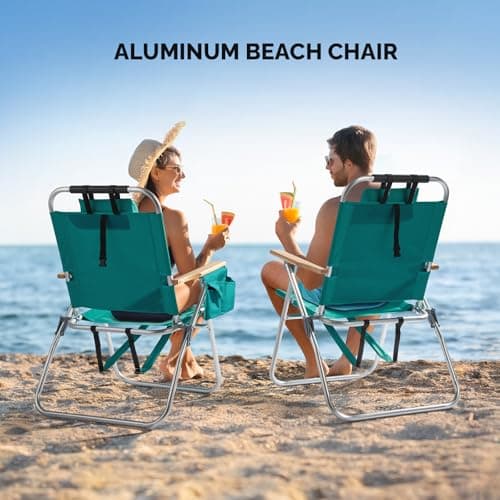 VINGLI 17" Tall Beach Chair, Aluminum Backpack Beach Chairs for Adults, Portable with Adjustable Straps, 3-Position Reclining, Cup Holder, High Lightweight Beach Chairs for Beach,Green