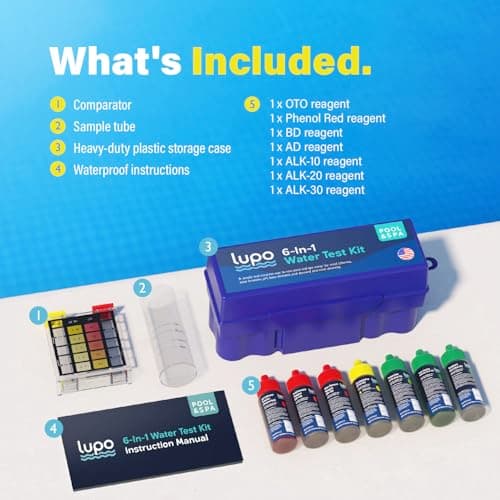 Lupo 6-in-1 Pool Test Kit | Pool Testing Kit for Residential Swimming Pools & Spas for Testing Total Chlorine, Total Bromine, pH, Base Demand, Acid Demand & Total Alkalinity Quick & Accurate Testing