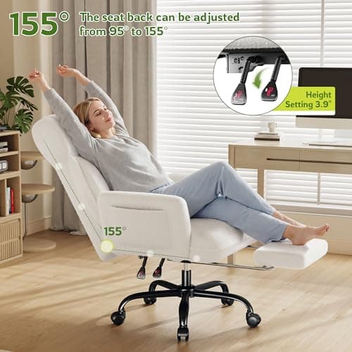 DurayLoly Big and Tall Office Chair with Adjustable Arms and Back, Ergonomic Office Chair with Footrest and Comfortable Fabric for Home Office, Bedroom,White