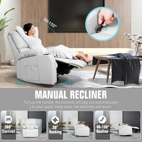 LAFWELL Rocking Recliner Chair, Massage Rocker Recliner Chair with Vibration Massage and Heat, 360° Swivel Recliner Chairs, Living Room, Bedroom, Nursery, RV, Grey