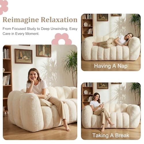 Oversized Bean Bag Sofa for Adults, Comfy Faux Fur Floor Lounger Loveseat Couch with Shredded Foam Filling, Large Bean Bag Sofa Plush Bean Bag Couch for Living Room, Bedroom, Apartment, Beige