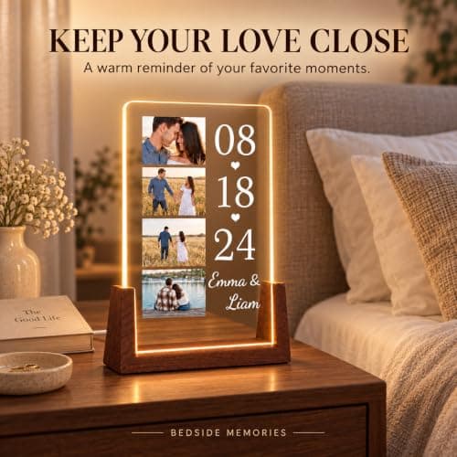 Personalized Couple Gifts, Custom Acrylic Photo Plaque with 4 Photos, Names & Date, Anniversary Keepsake with Wooden Base, Birthday Gifts for Wife, Husband, Girlfriend or Boyfriend B0HJZ6XZV6