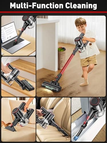 Cordless Vacuum Cleaner, 45KPA 8-in-1 Vacuum Cleaners for Home, 50Mins Runtime, Anti-Tangle Stick Vacuum with LED Display, Rechargeable Lightweight Vacuum for Pet Hair/Carpet/Floor (Red) (Red)