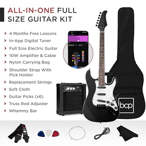 Best Choice Products 39in Full Size Beginner Electric Guitar Starter Kit w/Case, Strap, 10W Amp, Strings, Pick, Tremolo Bar - Jet Black