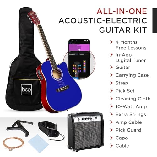 Best Choice Products Beginner Acoustic Electric Guitar Starter Set w/ 41in, All Wood Cutaway Design, Gig Bag, Strap, Picks - Dark Blue