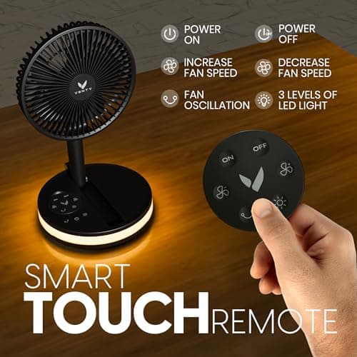 VENTY Portable Fan - Wireless Battery Operated Fan - 4 Speeds - LED Lighting - Carry Case & Remote Control - Cruise Travel - Outdoor Travel RV Power Bank With USB-C Port (Black with Case) B09PMQF5S9