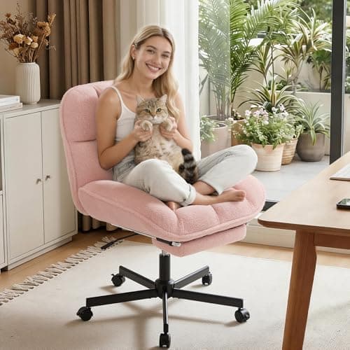Criss Cross Office Chair with Foot Rest, Thick Cushioned Cross Legged Office Chair, Armless Wide Seat Reclining Desk Chair, Height Adjustable Criss Cross Chair for Home Office,Vanity, Pink