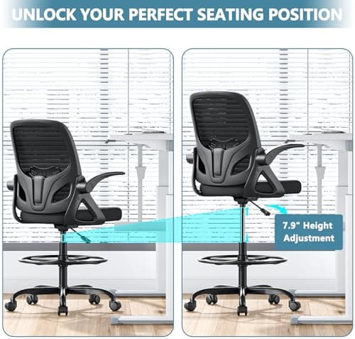 Kensaker Drafting Chair Tall Office Chair, Ergonomic Standing Desk Chair with Adjustable Foot Ring and Flip-up Armrests, Mesh Computer Chair for Art Studio, 300 LBS, Black