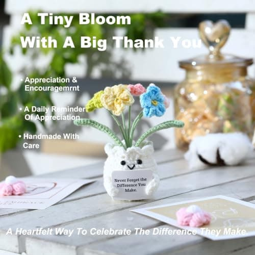 Cute Gifts for Women, Boss Day, Teacher Appreciation, Coworker & Nurse Thank You Gift, Desk Decor, 4.7 In H × 2.4 In W Forget-Me-Not Crochet Flower Potted Plant Gift B0F26ST99P