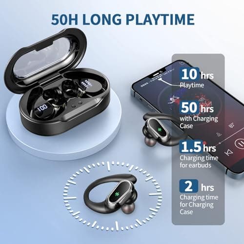 Wireless Earbuds, 2026 Bluetooth 5.4 Headphones Sport, 50Hrs HiFi Stereo Deep Bass Over-Ear buds with ENC Noise Cancelling Mic, IP7 Waterproof & LED Display Earphones with Earhooks for Workout/Running