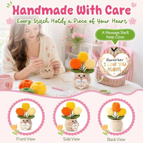 Mom Birthday Gifts, Mother Daughter Gift, Positive Crochet, Handmade Keepsake, Soft Yarn Texture, Cute Tulip Decor OASSIE Mom Gifts from Daughters Sons - Emotional Support Crochet Tulip