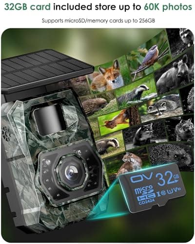 MAXDONE Solar Trail Camera WiFi Bluetooth - 4K 64MP Game Cameras with Night Vision Motion Activated IP66 Waterproof, with 5200mAh Battery and 32GB Memory Card Cameras for Outdoor and Backyard ﻿