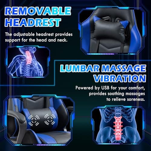 ECOTOUGE Gaming Chair, Ergonomic Video Game Chair with Massage Lumbar Support & Rocking High Back, 360° Swivel Computer Gamer Chair for Gaming or Office, Height Adjustable, Blue