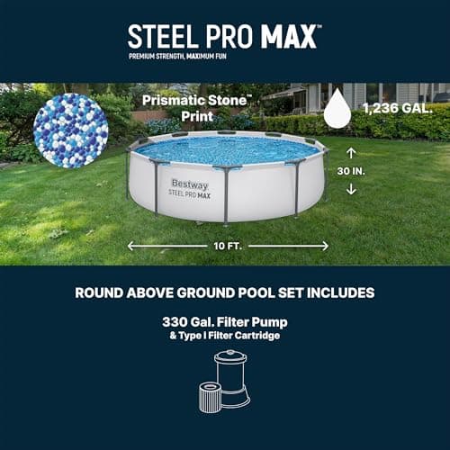 Bestway Steel Pro MAX 10' x 30" Above Ground Pool, Round Metal Frame Outdoor Swimming Pool Set with Filter Pump & Type I Cartridge, Gray