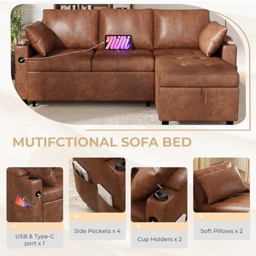 JFHID Leather Sleeper Sofa Couch with Pullout Bed, 80'' Sofa Bed Pull Out Couch with Reversible Storage Chaise, Sectional Couches with USB Charging Ports&Cup Holders for Living Room, Brown