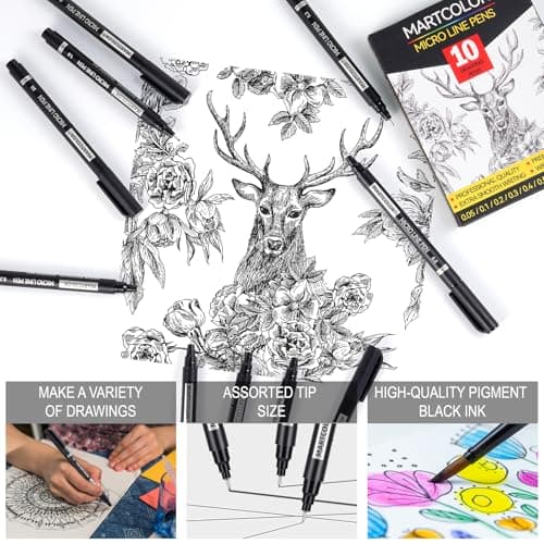 MARTCOLOR Micro Pen Fineliner Pens, 10 Size Fine Point Archival Black Ink Pens, Waterproof Multiliner Pen for Artist Illustration, Sketching, Art Drawing, Anime, Manga, DIY Gifts Projects