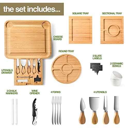 Complete Serving Set with Utensils & Trays, Entertaining, House Warming, Wedding, Bridal Shower & Birthday Gift for Women Bamboo Charcuterie Board Set, Large Cheese Board 3-Drawer with Accessories B0BKLRWSZW