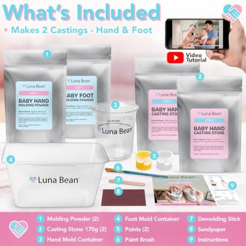 The original baby casting kit - captures newborn hand & foot forever. Non-toxic, safe, easy - perfect new mom gift Luna Bean Baby Casting Kit - Hand & Foot Keepsake Mold, 2pc, New Mom Gift B0DPLBNZNG