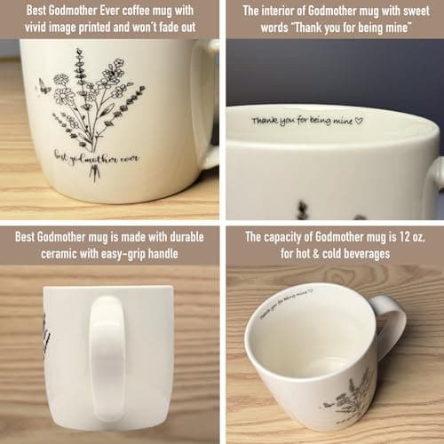 Best Godmother Ever Mug 12 Ounces Ceramic Coffee Cup Floral Beige with Keychain, Gift for Godmother Birthday, Mother’s Day, Christmas from Godchild