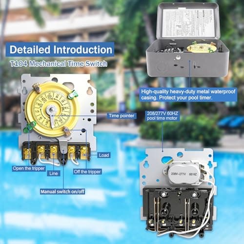 T104 Mechanical Timer Switch, 208–277 VAC 40 Amp,Pool Pump Switch, 24 Hour 12 ON/Off for Pump, Heavy Duty Pool Timers Outdoor, Timer for Lights HVAC Systems, 5 Years Warranty
