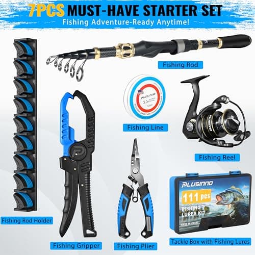 PLUSINNO Fishing Gear,Full Fishing kit Include Fishing Rod and Reel Combo, Tackle Box with Fishing Lures, Fishing Accessories, Fishing Pliers,Fishing Gifts for Men with Fishing Tool Kit