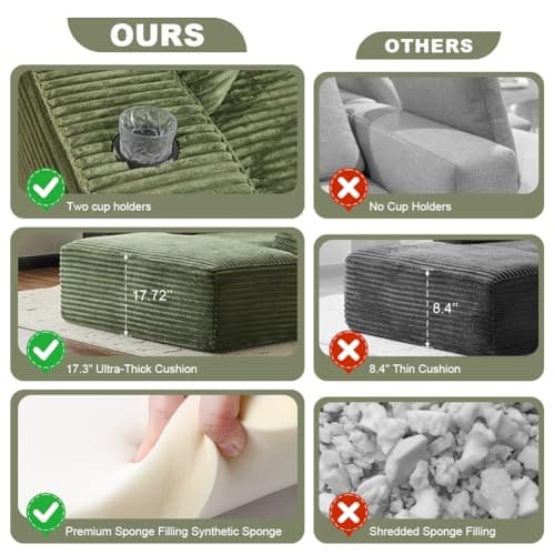 66" Oversized Chaise Lounge Sofa Chair Indoor, Modern Corduroy Single Sleeper Couch Chair with 3 Soft Pillows＆Cup Holder, Boneless Cloud Couch Single Seat Sofa Bed for Living Room Office (Green)