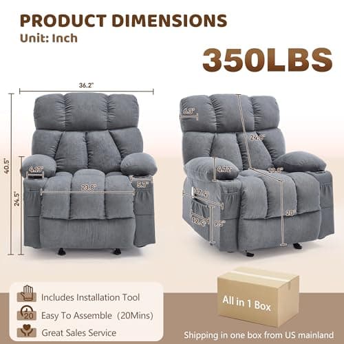 Massage Rocking Recliner Chair, Ergonomic Recliners Sofa with Vibration Massage & Heat, Rocking Chair Nursery Chair for Living Room Lounge with 4 Pockets, 2 Cup Holders, USB Charge Port, Grey