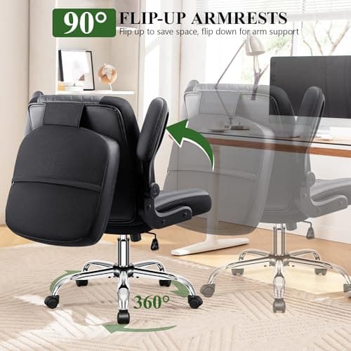 Criss Cross Office Chair with 2-in-1 Flip Backrest – Ergonomic PU Leather Floor Sitting Chair, Adjustable Height, 360° Swivel & Flip-Up Arms, Extra-Wide Seat for Home Office, Vanity, Nail Salon-Black