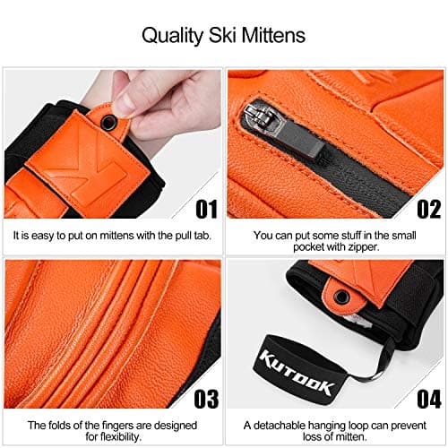 KUTOOK Winter 3 Fingers Ski Mittens Goatskin Thermal 3M Thinsulate Waterproof Snowboarding Gloves with Pocket for Men Women