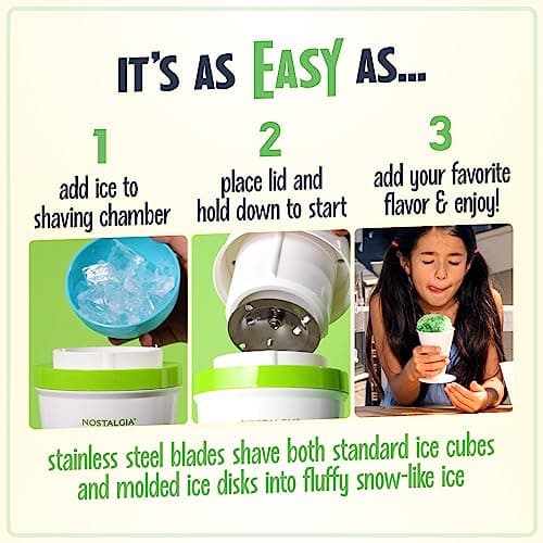 Nostalgia Snow Cone Machine With 1 Reusable Plastic Cup & Dual Ice Molds– Retro Table-Top Shaved Ice Maker with Stainless Steel Blades for Fluffy Ice- Slushie Machine for Fun Gatherings- White & Green