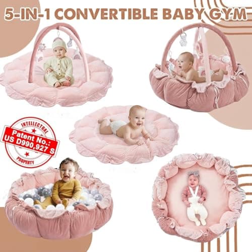 HAN-MM 5-in-1 Convertible Baby Play Gym with 6 Toys, Tummy Time Mat for Sensory Development, Baby Activity Center from Newborn to Toddler, Ball Pit, Soft Plush Pet Mat, Pink