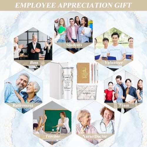 Female Thank You Work Anniversary May You Be Proud 20oz Tumbler Makeup Bag Journal Gift for Boss Teacher Custodian Customer Domensi 6 Pcs Employee Appreciation Gift Set for Women, White B0CHYMKWLB