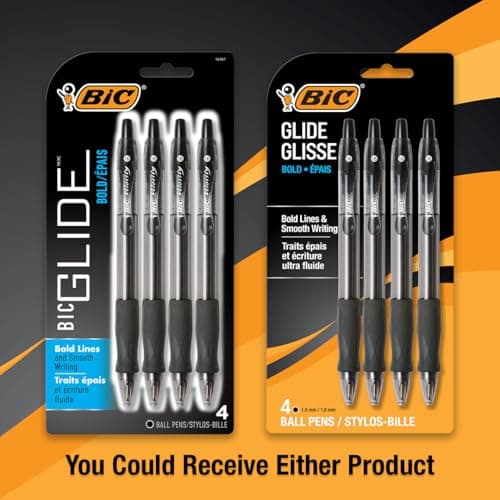 BIC Glide Bold Black Ballpoint Pens, Bold Point (1.6mm), 4-Count Pack, Retractable Ballpoint Pens With Comfortable Full Grip