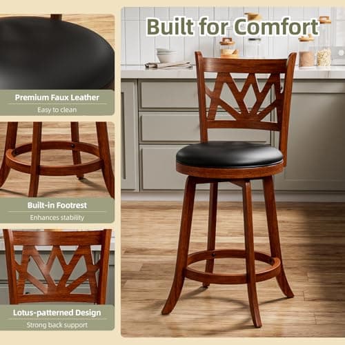 Swivel Barstools Set of 4, Farmhouse 24" Counter Height Bar Stools with Backs, Lotus Pattern Carved Bar Chair with Solid Wood Legs & Footrest for Kitchen Island, Home Bar, Pub. Brown