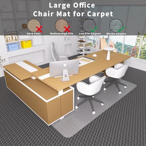 Office Chair Mat for Carpeted Floor, 63"x51" Clear Desk Mat for Carpet Large Protector Floor Mat On Low Pile Carpets, Easy Glide Rolling Plastic Floor Mat, Computer Chair Mat for Home Office