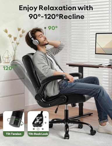 Executive Office Chair, Ergonomic Home Office Desk Chair with Lumbar Support & Flip-up Armrest, PU Leather Computer Seating for Shorter Users, Black